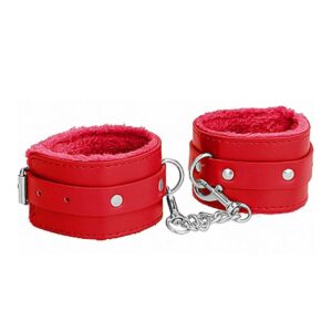Ouch! Kožen&aacute; pouta na ruce s kože&scaron;inou - červen&aacute; Ouch!