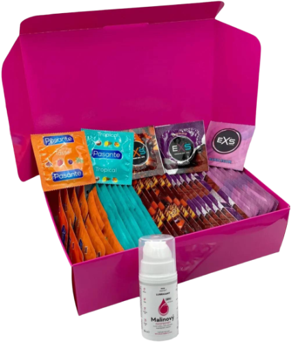Sada ochucených kondomů – Tasty pack (72 ks) + SE malinový lubrikační gel 15 ml + silikonová pouta Handcuffs