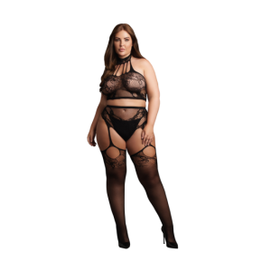 Dvoud&iacute;ln&yacute; set s halter rol&aacute;kem a kalhotkami s připevněn&yacute;mi punčochami - OSX - čern&aacute;