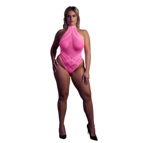Body s krčním závěsem - Plus Size - Neonově Růžová