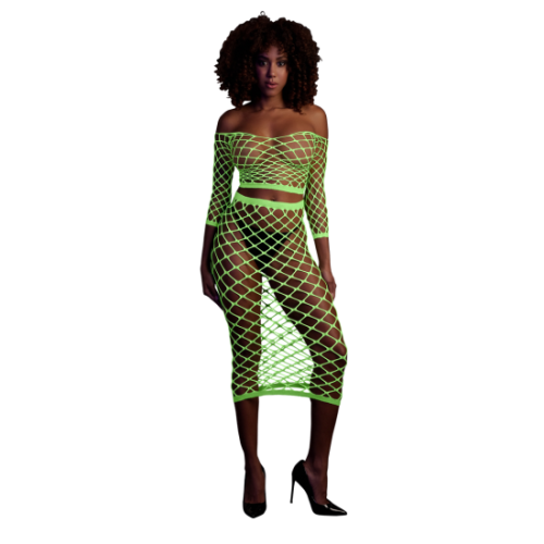 Dlouhý rukávovaný crop top a dlouhá sukně - Jedna velikost - Neonová zelená