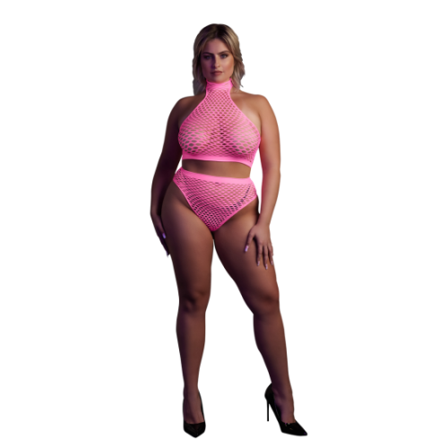 Roláček a kalhotky s vysokým pasem - Plus Size - Neonově růžová