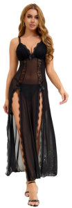 Black Sexy Mesh Lace Long Split Nightgown 2XL