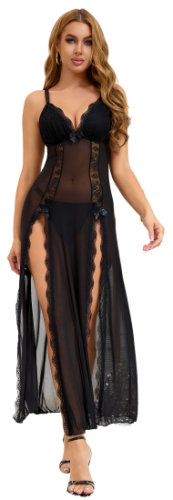Black Sexy Mesh Lace Long Split Nightgown 2XL
