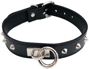 ROUGE Leather Thin O-Ring Studded Collar with Detachable O-Ring Black