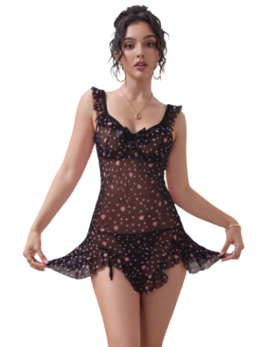 Black Heart Printed Mesh Ruffled Sexy Nightdress 2XL