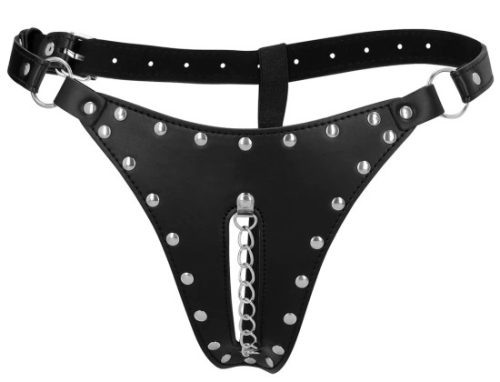 Ouch! PU Leather Chastity Thong with Chain Detail
