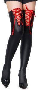 Black Sexy PU Leather Stockings With Red Cross Straps L-2XL